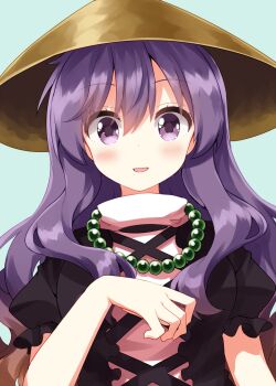 Rule 34 | 1girl, bead necklace, beads, black shirt, blush, brown hair, brown hat, commentary request, gradient hair, green background, hair between eyes, hand up, hat, highres, hijiri byakuren, jewelry, long hair, looking at viewer, multicolored hair, necklace, open mouth, purple eyes, purple hair, ruu (tksymkw), shirt, short sleeves, simple background, smile, solo, touhou, turtleneck, two-tone hair, upper body