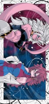 2girls absurdres android_21 bandeau blue_eyes bracelet breasts bright_pupils checkered_clothes checkered_dress cleavage commentary dragon_ball dragon_ball_fighterz dress dual_persona earrings glasses highres hoop_earrings jewelry kinakomochi_(user_vedc2333) lab_coat large_breasts long_hair looking_at_viewer majin_android_21 midriff multiple_girls red_hair tail white_hair white_pupils