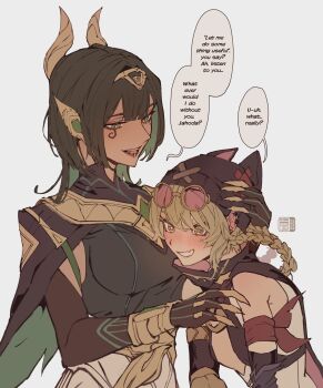 2girls animal_ear_headwear animal_ears arm_around_neck bandana_around_arm blush braid braided_hair_rings bright_pupils cape center_opening claws detached_sleeves elbow_gloves english_text eyewear_on_head face_piercing fake_animal_ears fake_claws fang flower flying-frappuccino genshin_impact gloves gree# green_eyes green_hair hair_rings hand_on_another&#039;s_head hat head_on_chest headpiece height_difference highres hug jahoda_(genshin_impact) leotard lip_piercing long_hair looking_at_another mark_under_eye mechanical_arms mole mole_under_eye multiple_girls nefer_(genshin_impact) nose_blush open_mouth piercing pink-tinted_eyewear prosthesis prosthetic_arm single_detached_sleeve single_mechanical_arm skin_fang smile star-shaped_pupils star_(symbol) stutter sunflower symbol-shaped_pupils tinted_eyewear upper_body usekh_collar white_pupils yellow_eyes