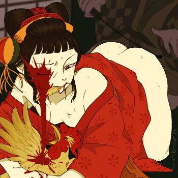 1boy 1girl animal ass bird black_hair blood blood_on_face breasts chicken cleavage closed_mouth collarbone hair_ornament highres holding holding_animal japanese_clothes kimono midori_(shoujo_tsubaki) one_eye_closed red_eyes red_kimono shoujo_tsubaki sweat user_futg8827