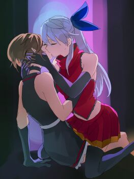 2girls black_choker black_dress black_gloves black_thighhighs blue_bow bow breasts brown_hair choker closed_eyes commentary commission crossover dress elbow_gloves english_commentary fire_emblem fire_emblem:_radiant_dawn fusenryo gloves hand_on_another's_neck highres jacket kiss long_hair medium_breasts meiko_(vocaloid) micaiah_(fire_emblem) multiple_girls nintendo pleated_skirt red_jacket red_skirt second-party_source short_hair sitting skeb_commission skirt sleeveless straddling thighhighs vocaloid white_hair yuri