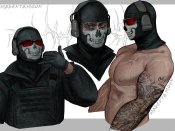 1boy abs absurdres arm_tattoo arm_up artist_name balaclava black_gloves black_jacket black_shirt brown_eyes bulletproof_vest call_of_duty call_of_duty:_modern_warfare_2 collarbone commentary cropped_legs cropped_shoulders ghost_(modern_warfare_2) gloves hashtag-only_commentary headphones highres jacket long_sleeves looking_to_the_side magentamoon133 male_focus multiple_views muscular muscular_male nipples pectorals profile red-tinted_eyewear scar scar_across_eye scar_on_arm scar_on_face scar_on_pecs scar_on_stomach shirt sideways_glance sunglasses tattoo tattoo_sleeve tinted_eyewear topless_male