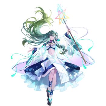 1girl adapted_costume aqua_eyes blue_skirt closed_mouth detached_sleeves frog_hair_ornament full_body gohei green_hair hair_ornament hair_tubes highres holding holding_gohei kochiya_sanae long_hair looking_at_viewer midriff navel non-web_source official_art pentagram platform_sandals ribbon-trimmed_sleeves ribbon_trim sandals second-party_source single_hair_tube skirt snake_hair_ornament socks solo touhou touhou_gensou_eclipse transparent_background u_u_zan very_long_hair white_socks wide_sleeves