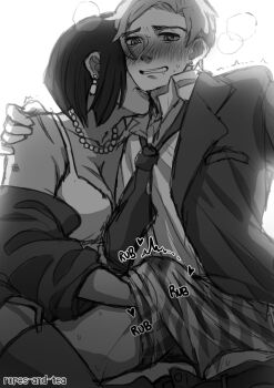 Rule 34 | 1boy, 1girl, aeritea, boxers, earrings, formal clothes, greyscale, handjob, handjob under clothes, hetero, highres, jewelry, male underwear, monochrome, necklace, necktie, shirt, suit, trembling, underwear, white background, white shirt