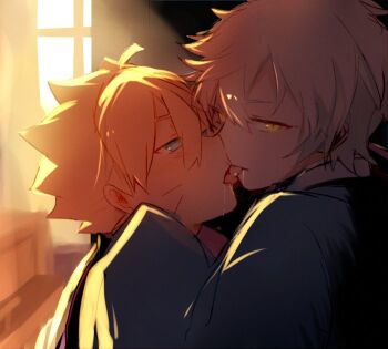 2boys blonde_hair blue_eyes blush boruto:_naruto_next_generations kiss looking_at_viewer male_focus mitsuki_(naruto) multiple_boys naruto_(series) uzumaki_boruto yaoi