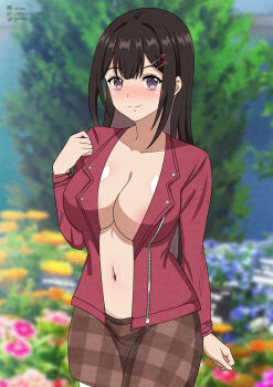 1girl absurdres areola_slip breasts brown_skirt checkered_clothes checkered_skirt cleavage closed_mouth danjo_no_yuujou_wa_seiritsu_suru? enomoto_rion field flower flower_field hair_ornament hairclip highres jacket large_breasts long_hair no_bra purple_eyes red_jacket skirt smile solo twobless