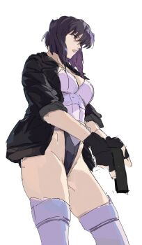 belt black_jacket character_name copyright_name cropped_legs darao_(daradara_suyaaa) ghost_in_the_shell ghost_in_the_shell:_stand_alone_complex gun handgun highleg highleg_leotard highres holding holding_gun holding_weapon jacket kusanagi_motoko leotard medium_hair purple_eyes red_eyes short_sleeves sketch strapless strapless_leotard thighhighs weapon white_leotard white_thighhighs wide_hips