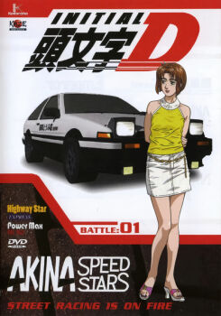 blush bob_cut brown_eyes brown_hair casual closed_mouth cover dvd_cover hands_behind initial_d looking_to_the_side mogi_natsuki multiple_views official_art sandals shirt short_hair sleeveless smile toyota toyota_sprinter_trueno vehicle_focus yellow_shirt