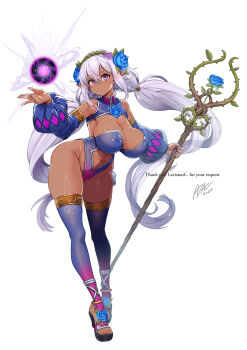 1girl ayaki blue_leotard blue_thighhighs breasts cleavage commission dark-skinned_female dark_elf dark_skin detached_sleeves elf flower full_body gradient_clothes gradient_leotard gradient_thighhighs groin hair_between_eyes hair_flower hair_ornament highres holding holding_staff large_breasts leaning_forward leotard long_hair looking_at_viewer magic open-toe_shoes open_mouth original pointy_ears purple_eyes signature simple_background skeb_commission solo staff thighhighs twintails very_long_hair white_background white_hair