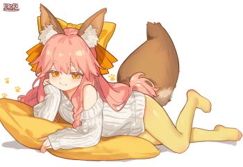 1girl absurdres animal_ear_fluff animal_ears bad_link bare_shoulders bow braid breasts ebora fate/samurai_remnant fate_(series) foot_out_of_frame fox_ears fox_girl fox_tail hair_between_eyes hair_bow highres legs long_hair long_sleeves looking_at_viewer lying no_shoes off_shoulder on_stomach pantyhose pillow pink_hair sidelocks small_breasts smile solo sweater tail tamamo_aria_(fate) twintails white_sweater yellow_bow yellow_eyes yellow_pantyhose