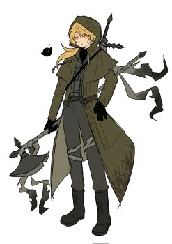 Rule 34 | 1boy, a certain sinclair (project moon), arms at sides, bandaged leg, bandaged weapon, bandages, belt, bird, black gloves, blonde hair, closed mouth, coat, flak jacket, full body, gloves, green coat, green hood, green sleeves, grey belt, grey jacket, grey pants, hair over shoulder, halberd, highres, holding, holding weapon, hood, hood up, hooded coat, jacket, limbus company, long sleeves, looking at viewer, low ponytail, male focus, mubzhmngdedngp1, open clothes, open coat, pants, polearm, ponytail, project moon, sinclair (project moon), smile, solo, trench coat, weapon, white background, yellow eyes