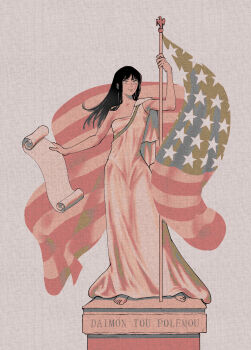 1girl absurdres aftvart american_flag ancient_greek_clothes barefoot black_hair chainsaw_man closed_mouth cross_scar facial_scar fine_art_parody greco-roman_clothes highres holding holding_scroll looking_up parchment parody pedestal ringed_eyes scar scar_on_cheek scar_on_face scar_on_nose scroll simple_background single_bare_shoulder smile solo yellow_eyes yoru_(chainsaw_man)