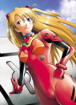 1girl arm_support blonde_hair blue_eyes blush bodysuit bracer breasts clenched_hand closed_mouth cloud cowboy_shot day dutch_angle entry_plug female_focus from_side gloves hair_between_eyes hand_on_own_hip headgear hip_focus light_smile long_hair looking_at_viewer mecha_pilot_suit neon_genesis_evangelion orange_hair outdoors parted_bangs plugsuit_(evangelion) red_hair sakai_hamachi shiny_clothes sky small_breasts smile solo souryuu_asuka_langley standing straight_hair thighs turtleneck two_side_up