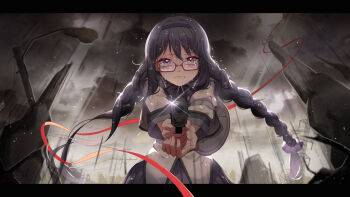 absurdres aiming aiming_at_viewer akemi_homura beads black_hair braid cloud cloudy_sky crying crying_with_eyes_open dress frown glasses grey_dress grey_sky gun hair_beads hair_ornament handgun highres huge_filesize kyubey letterboxed looking_at_viewer mahou_shoujo_madoka_magica mahou_shoujo_madoka_magica_(anime) momuraer overcast pistol rain red_ribbon ribbon shine sig_p228/p229 sig_sauer sig_p228/p229 sky storm tears twin_braids utility_pole weapon white_sky wreckage