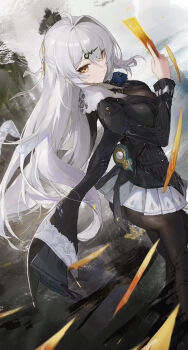 1girl absurdres ahoge black_jacket black_pantyhose breasts commentary_request grey_hair hair_ornament highres holding holding_ofuda jacket jianjia large_breasts long_hair looking_at_viewer looking_to_the_side miniskirt ofuda pantyhose partial_commentary single_hair_intake skirt solo white_skirt yellow_eyes yixuan_(zenless_zone_zero) zenless_zone_zero