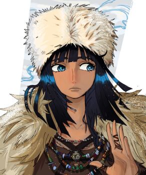 1girl blue_eyes blunt_bangs blush brown_shirt closed_mouth commentary fur_hat hat highres jewelry looking_to_the_side medium_hair necklace nico_robin oestart one_piece shirt solo symbol-only_commentary upper_body