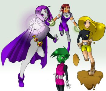 1boy 3girls alien armor beast_boy_(dc) belt bike_shorts bindi blonde_hair bodysuit cloak colored_skin dc_comics flying gloves glowing glowing_eyes green_hair green_skin leotard multiple_girls purple_eyes purple_hair raven_(dc) red_hair rock starfire teen_titans terra_(dc)