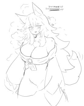 1girl animal_ears bare_shoulders blush breasts cleavage commentary dress greyscale heart highres imaizumi_kagerou large_breasts long_hair looking_at_viewer monochrome off-shoulder_dress off_shoulder open_mouth simple_background sketch solo tail touhou untranslatable_commentary warosufox wolf_ears wolf_girl wolf_tail