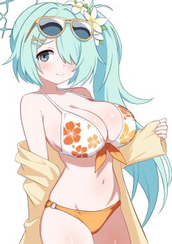 1girl aqua_hair aqua_halo bare_shoulders bikini blue_archive breasts cleavage closed_mouth cowboy_shot eyewear_on_head floral_print floral_print_bikini flower hair_flower hair_ornament hair_over_one_eye halo highres hiyori_(blue_archive) hiyori_(swimsuit)_(blue_archive) io9 jacket jacket_partially_removed large_breasts long_hair navel o-ring o-ring_bikini print_bikini side_ponytail simple_background smile solo stomach sunglasses swimsuit white_background white_flower yellow_jacket
