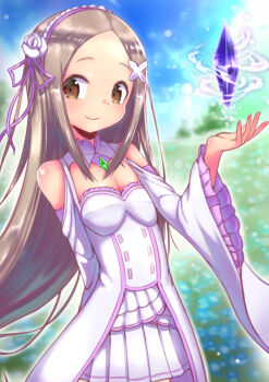 alternate_costume blue_sky brown_eyes cosplay day diamond dress emilia_(re:zero) emilia_(re:zero)_(cosplay) facial_mark forehead_mark gem grass green_diamond grey_hair happy headband karakai_jouzu_no_takagi-san kayli_mills_(artist) purple_gem purple_headband re:zero_kara_hajimeru_isekai_seikatsu sky smile takagi-san takahashi_rie voice_actor_connection white_dress