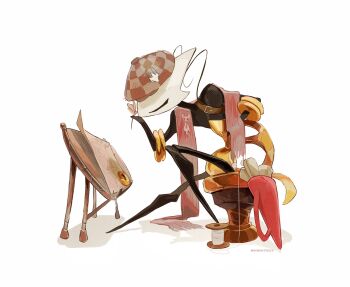 1girl antennae arthropod_girl artist_name bag belt belt_buckle ben-day_dots black_eyes brown_belt brown_hat buckle chakram character_pin checkered_hat commentary from_side full_body hat highres hightguy holding holding_quill hollow_knight hollow_knight:_silksong hornet_(hollow_knight) knight_(hollow_knight) map quill red_bag red_scarf scarf screentones scroll shadow shakra_(hollow_knight) shoulder_bag shoulder_belt sitting solo spool symbol-only_commentary thread unworn_bag weapon white_background