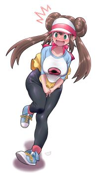 1girl :o black_pantyhose blush bow breasts brown_hair commentary_request double_bun embarrassed full-face_blush green_eyes hair_bun highres leggings medium_breasts nintendo own_hands_together pantyhose pink_bow pokemon pokemon_(creature) rosa_(pokemon) shoes sidelocks skirt sneakers solo suika_blue white_background wind wind_lift yellow_skirt