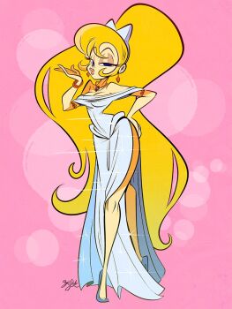 battletoads blonde_hair blue_eyes bracelet breasts cleavage crown dirk_erik_shulz_(artist) dress gown high_heels jewelry long_hair princess princess_angelica_(battletoads)