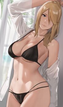 1girl bare_shoulders bikini blonde_hair blue_eyes breasts cleavage curtains hair_over_one_eye hand_on_own_head highres j@ck large_breasts long_hair metroid navel nintendo off_shoulder samus_aran shirt single_bare_shoulder swimsuit thighs underboob white_shirt window