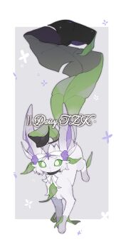 alternate_color alternate_shiny_pokemon animal_focus border chinese_commentary colored_sclera commentary_request commission flower full_body gen_4_pokemon green_sclera grey_background highres kamier586 leaf leafeon long_tail looking_at_viewer neck_ribbon nintendo no_humans original pokemon pokemon_(creature) pokemon_focus purple_flower ribbon simple_background solo tail watermark white_background white_border white_eyes white_ribbon