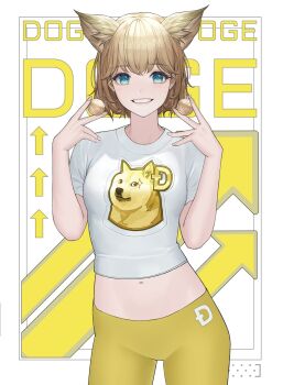 1girl absurdres animal_ears arrow_(symbol) blue_eyes breasts coin cowboy_shot daeho_cha dog_ears doge dogecoin female_focus grin hands_up highres light_brown_hair looking_at_viewer navel orange_pants original pants shirt short_hair short_sleeves small_breasts smile solo stomach teeth white_background white_shirt