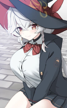 1girl between_legs black_robe black_skirt blue_archive blush breasts card collared_shirt commentary_request eri_(blue_archive) hair_between_eyes halo hand_between_legs hat hat_ribbon highres holding holding_card jewelry large_breasts long_hair long_sleeves looking_at_viewer open_mouth orange_eyes orange_trim pleated_skirt red_hair red_ribbon red_trim ribbon robe shirt skirt smile solo thighs tiger_kyohu very_long_hair white_shirt wide_sleeves yellow_halo