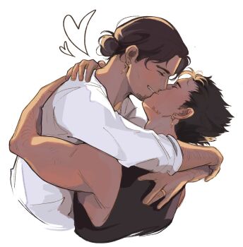 2boys azumane_asahi black_shirt closed_eyes commentary cropped_torso earrings facial_hair goatee grin haikyuu!! hair_bun heart highres hug jewelry kiss linmorsan male_focus multicolored_hair multiple_boys mutual_hug nishinoya_yuu piercing shirt short_hair short_sideburns sideburns sideburns_stubble single_hair_bun sleeveless sleeveless_shirt smile streaked_hair stubble symbol-only_commentary teeth white_background white_shirt yaoi