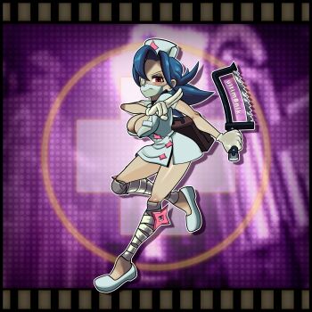1girl 2026 absurdres animated arm_up artist_name bandaged_leg bandages bent_over blue_hair bonesaw bouncing_breasts breasts city cityscape cleavage clenched_hand commentary cross cross-shaped_pupils dress dynamic_pose english_commentary eyepatch eyeshadow female_focus full_body gloves hand_on_own_hip hat high_heels highres holding knee_up large_breasts leg_up legs_apart logo long_hair looking_at_viewer makeup mask mouth_mask night nurse nurse_cap panties pantyshot parted_bangs ponytail red_eyes salute saw serious sheath shoes skull skullgirls solo surgical_mask symbol-shaped_pupils two-finger_salute ultim8nik underwear valentine valentine_(skullgirls) variant_set white_dress white_gloves white_shoes