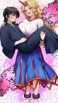 1boy 1girl :s absurdres barefoot black_hair blonde_hair blue_kimono blue_pants blue_skirt blush breasts burukyu closed_mouth commentary cuffs curtained_hair english_commentary fang highres horns hoshiguma_yuugi japanese_clothes kimono large_breasts long_hair long_skirt medium_hair no_eyes nose_blush oni open_mouth original pants pink_background pleated_skirt red_eyes red_horns red_trim reverse_princess_carry shackles shirt short_sleeves single_horn skin_fang skirt smile socks sweatdrop touhou tree white_background white_shirt white_socks wide_sleeves
