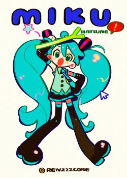 ! 1girl absurdres ahoge armpits blue_hair blue_necktie boots character_name collared_shirt detached_sleeves food full_body green_shirt hair_between_eyes hatsune_miku highres holding holding_food holding_spring_onion holding_vegetable long_hair long_sleeves necktie pleated_skirt renzhi00334233 shirt sidelocks skirt solo speech_bubble spring_onion star_(symbol) thigh_boots twintails vegetable very_long_hair vocaloid white_background