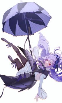 1girl ascot black_nails black_pantyhose black_shoes breast_curtains breasts center_frills clothing_cutout commentary_request dress drill_hair frills full_body hairband highres holding holding_umbrella long_hair long_sleeves looking_at_viewer medium_breasts mole mole_under_eye open_mouth pantyhose pointy_ears purple_ascot purple_hair purple_hairband purple_umbrella red_eyes shoes shrug_(clothing) side_cutout sideboob sideboob_cutout simple_background solo twitter_username umbrella vivian_banshee white_background white_shrug zenless_zone_zero zunda_kaku