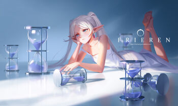 1girl arm_support artstation_username barefoot blue_eyes breasts character_name closed_mouth commentary dress earrings elf english_commentary feet feet_up frieren full_body head_rest highres hourglass indoors jewelry lionsong long_hair looking_ahead lying on_stomach pointy_ears single_earring sleeveless sleeveless_dress small_breasts solo sousou_no_frieren spaghetti_strap strap_slip teardrop_earrings twintails very_long_hair watermark web_address white_dress white_hair window_shadow
