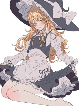 1girl amatukimahoro apron barefoot black_hat black_skirt blonde_hair blush bow braid closed_mouth collared_shirt commentary_request frilled_skirt frills hair_bow hat hat_bow highres kirisame_marisa long_hair long_sleeves looking_at_viewer shirt side_braid simple_background single_braid sitting skirt solo toes touhou waist_apron white_apron white_background white_bow white_shirt witch_hat yellow_eyes
