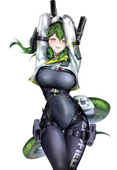 absurdres arknights arknights:_endfield arms_up black_bodysuit blush bodysuit breasts cowboy_shot dot_nose fluorite_(arknights) green_eyes green_hair green_tail gun hair_between_eyes highres holding holding_gun holding_weapon hood hood_up hooded_shrug impossible_bodysuit impossible_clothes khrnnfz large_breasts looking_at_viewer medium_hair parted_lips shrug_(clothing) simple_background snake_girl snake_tail tail thigh_gap weapon white_background white_shrug
