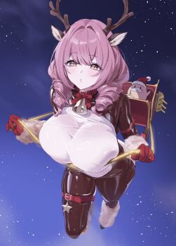 1girl alternate_costume animal_ears azur_lane breasts christmas drill_hair fake_animal_ears fake_antlers hair_between_eyes hat highres large_breasts looking_at_viewer manjuu_(azur_lane) open_mouth orange_eyes purple_hair santa_hat sleigh yd_(orange_maru)