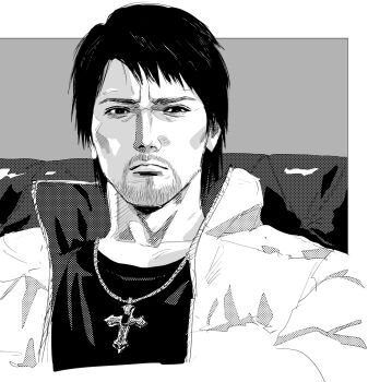 Rule 34 | 1boy, beard, commentary request, cross, cross necklace, dojima daigo, facial hair, greyscale, hair down, halftone, jacket, jewelry, male focus, messy hair, monochrome, necklace, padded jacket, portrait, ryuu ga gotoku (series), ryuu ga gotoku 2, serious, solo, swept bangs, tyag53