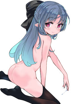 1girl absurdres aqua_hair ass black_bow black_thighhighs blush bow breasts closed_mouth eyelashes from_side gradient_hair hair_bow hair_intakes half_updo highres huge_bow legs len_(tsukihime) liquid long_hair looking_at_viewer looking_back monomono multicolored_hair nipples no_shoes nude outstretched_arm parted_bangs pointy_ears red_eyes sideways_glance simple_background sitting small_breasts smile solo suggestive_fluid thighhighs tsukihime turning_head wariza white_background