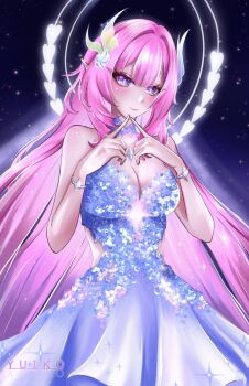 1girl alternate_costume artist_name bare_shoulders blue_dress blue_eyes breasts cleavage commentary cyrene_(honkai:_star_rail) cyrene_(ripples_of_past_reverie)_(honkai:_star_rail) dress english_commentary flower hair_flower hair_ornament halo highres honkai:_star_rail honkai_(series) large_breasts long_hair pink_hair sky smile solo star_(sky) starry_sky very_long_hair yuiko_ku