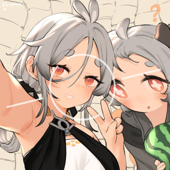 +_+ 2girls :o ? ahoge armpits black_bow blush bow distortion food foreshortening fruit grey_hair hair_between_eyes hair_bow halterneck highres hikimayu koebushi_(mat) looking_at_viewer multiple_girls original red_eyes selfie v watermelon