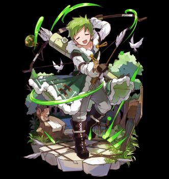 Rule 34 | 1boy, :d, = =, arm behind head, arm belt, arm up, arrow (projectile), belt, bird, black background, blue shirt, boots, bow (weapon), brown belt, brown boots, brown gloves, closed eyes, coat, collarbone, forest, full body, gloves, green coat, green hair, highres, holding, holding arrow, holding bow (weapon), holding weapon, merc storia, merc storia art team, nature, official art, open mouth, pants, quiver, raised inner eyebrows, ryan (merc storia), shirt, short hair, simple background, smile, solo, squirrel, standing, standing on one leg, stone floor, tachi-e, tree, very short hair, weapon, white pants, wind