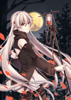 Rule 34 | 1girl, absurdres, arknights, black pantyhose, blood, blood bag, braid, colored skin, crown braid, detached sleeves, full moon, hair between eyes, hair ornament, highres, holding, intravenous drip, long hair, looking at viewer, meiriane00, moon, night, outdoors, pale skin, pantyhose, parted lips, petals, pleated skirt, pointy ears, red eyes, skirt, sky, solo, star (sky), starry sky, tree, vampire, very long hair, warfarin (arknights), white hair, white skin, white skirt