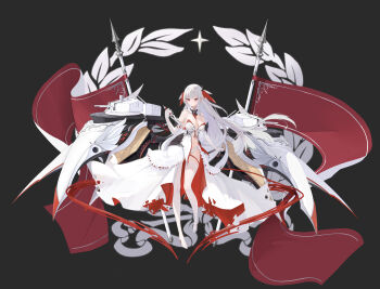 1girl absurdres azur_lane bare_shoulders breasts brisbane_(world_of_warships) cleavage commentary_request dress elbow_gloves galodos gloves highres large_breasts long_hair original personification red_eyes red_flag revision rigging ship_turret showgirl_skirt solo thighhighs very_long_hair white_dress white_gloves white_hair white_theme white_thighhighs world_of_warships