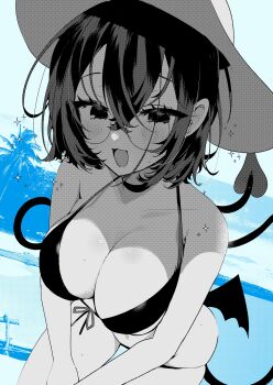 1girl absurdres bikini blue_theme breasts cleavage collarbone commentary_request demon_tail demon_wings glasses greyscale_with_colored_background hat highres leaning_forward low_wings open_mouth original ouchi_kaeru palm_tree solo swimsuit tail tree wings
