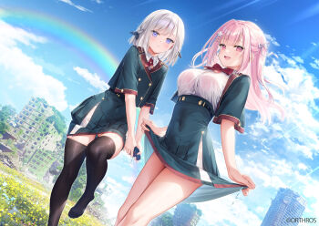 2girls belt black_belt black_bow black_thighhighs bow bowtie breasts building clothes_lift cloud collared_shirt copyright_request covered_navel green_jacket green_skirt grey_hair hair_bow hair_ribbon high-waist_skirt highres jacket large_breasts long_hair mignon multiple_girls open_mouth otome_sekai_no_arukikata overgrown pink_eyes pink_hair purple_eyes rainbow red_bow red_bowtie ribbon school_uniform second-party_source shirt short_hair skirt skirt_lift sky thighhighs wet wet_clothes white_ribbon white_shirt wringing_clothes wringing_skirt
