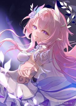 1girl absurdres bare_shoulders breasts chinese_commentary commentary_request cyrene_(honkai:_star_rail) cyrene_(ripples_of_past_reverie)_(honkai:_star_rail) diamond-shaped_pupils diamond_(shape) dress flower hair_flower hair_ornament highres honkai:_star_rail honkai_(series) long_hair looking_at_viewer medium_breasts miyoushe_watermark open_mouth pink_hair pointy_ears purple_eyes reaching reaching_towards_viewer solo sugawa_yuichi symbol-shaped_pupils very_long_hair watermark white_dress